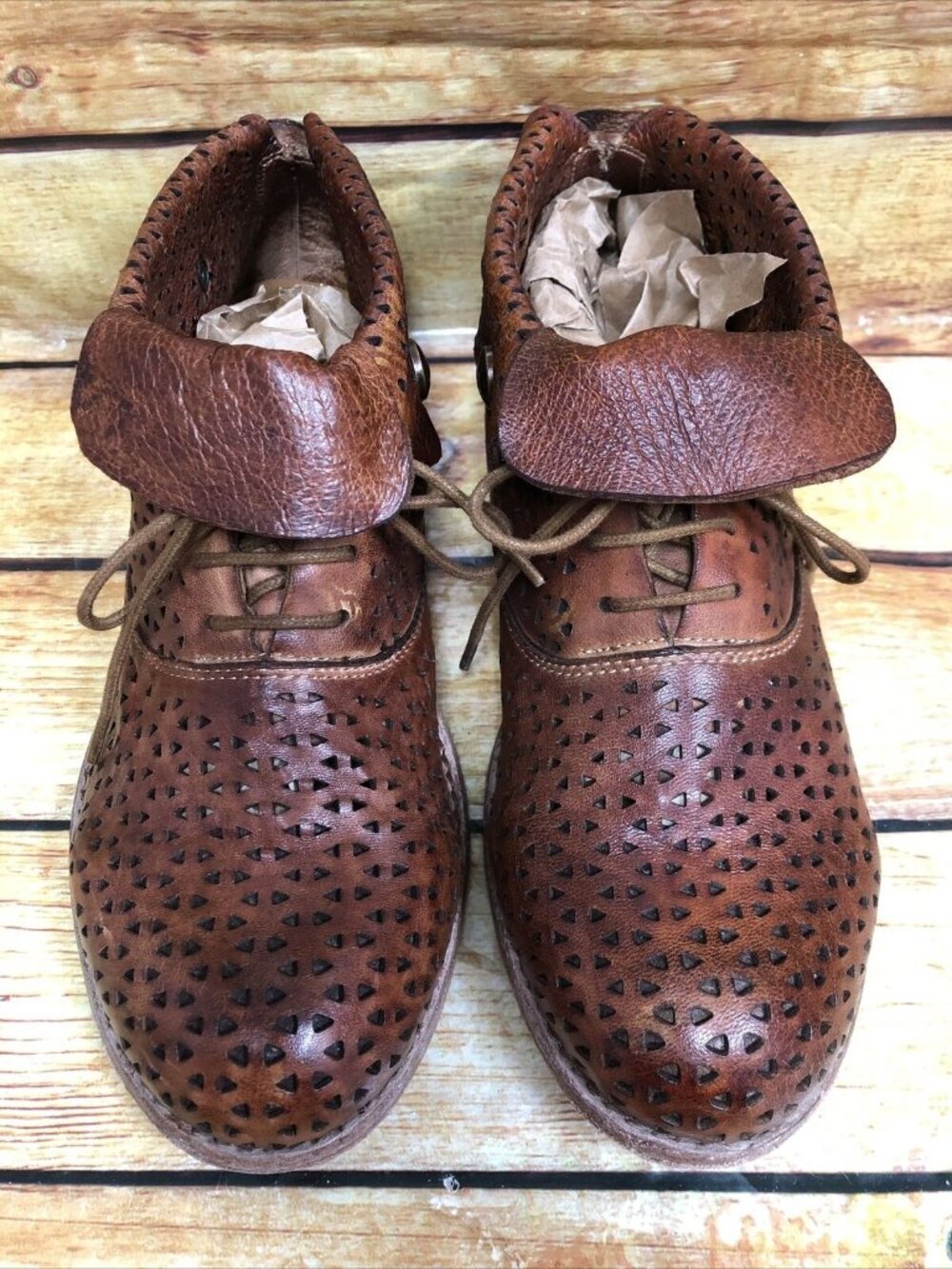 PATRICIA NASH Womens 7 Sabrina BROWN Leather Perforated Bootie Shoes Cuffed Tie